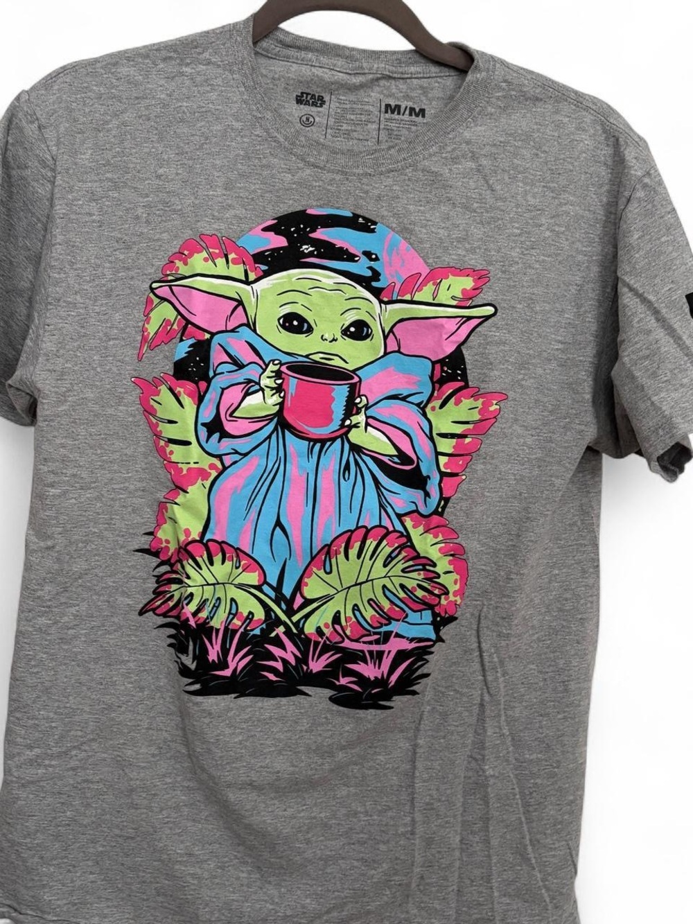 Star Wars Mandalorian Medium Grey Tee with Neon Grogu Graphic